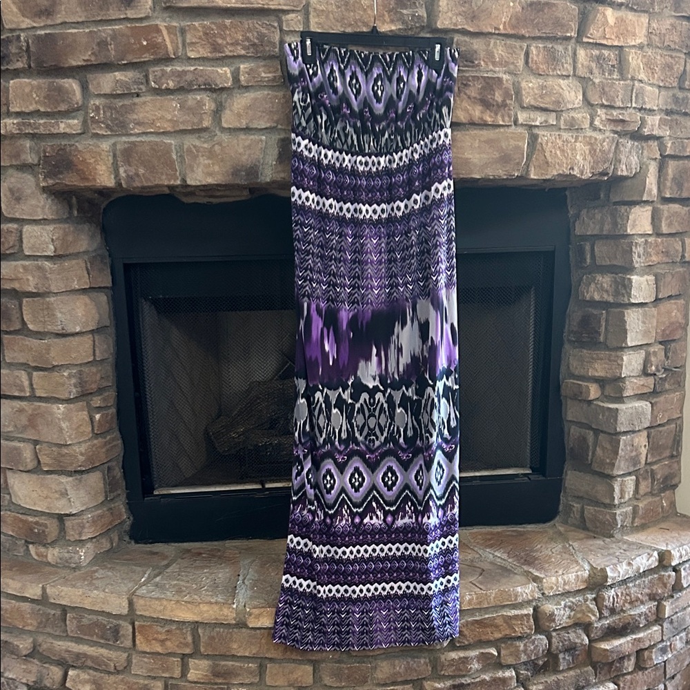 Purple, Gray and Black Aztec Patterned Strapless Maxi Dress. Large